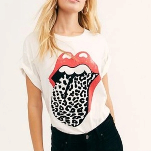 Daydreamer Tops - DAYDREAMER Rolling Stones shirt tongue leopard print white size medium